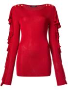 Balmain Ruffled Button Shoulder Blouse, Women's, Size: 38, Red, Viscose