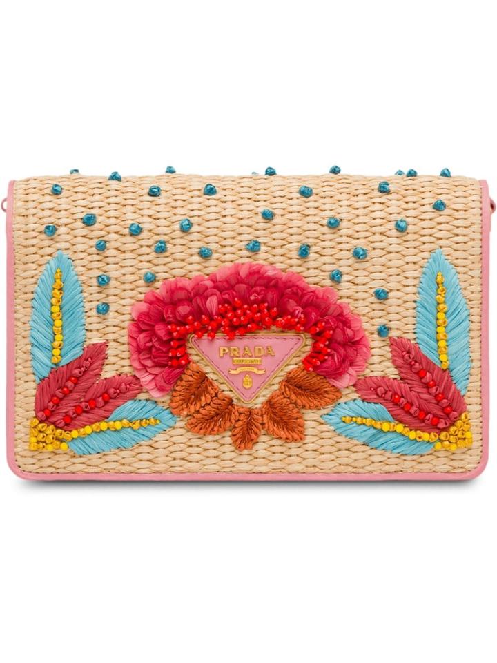 Prada Embroidered Shoulder Bag - F0njx Tan + Petal Pink