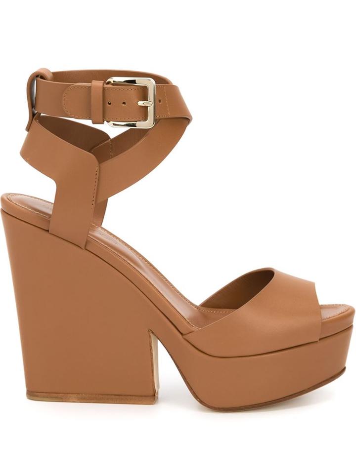 Sergio Rossi Wedge Sandals, Women's, Size: 7, Brown, Calf Leather