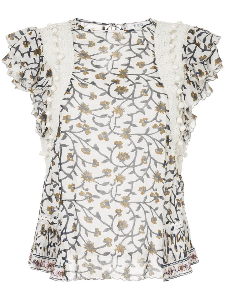 Sea Ruffled Sleeve Crochet Trim Blouse - White