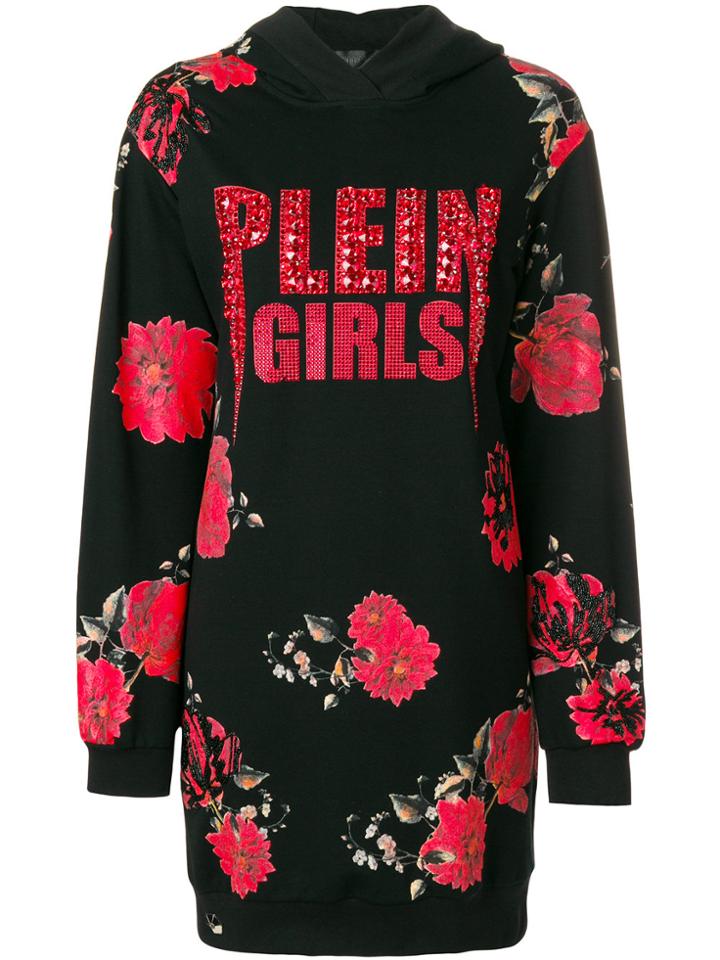 Philipp Plein Plein Girls Floral Hoodie Dress - Black