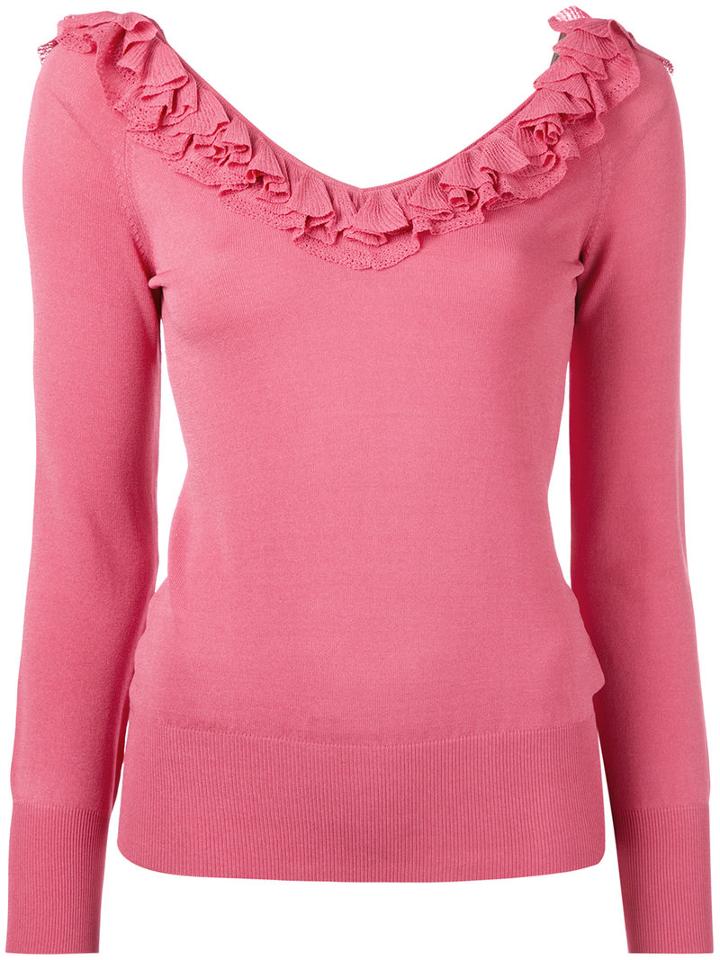Ermanno Scervino - Ruffle Neck Top - Women - Nylon/polyester/viscose - 40, Women's, Pink/purple, Nylon/polyester/viscose