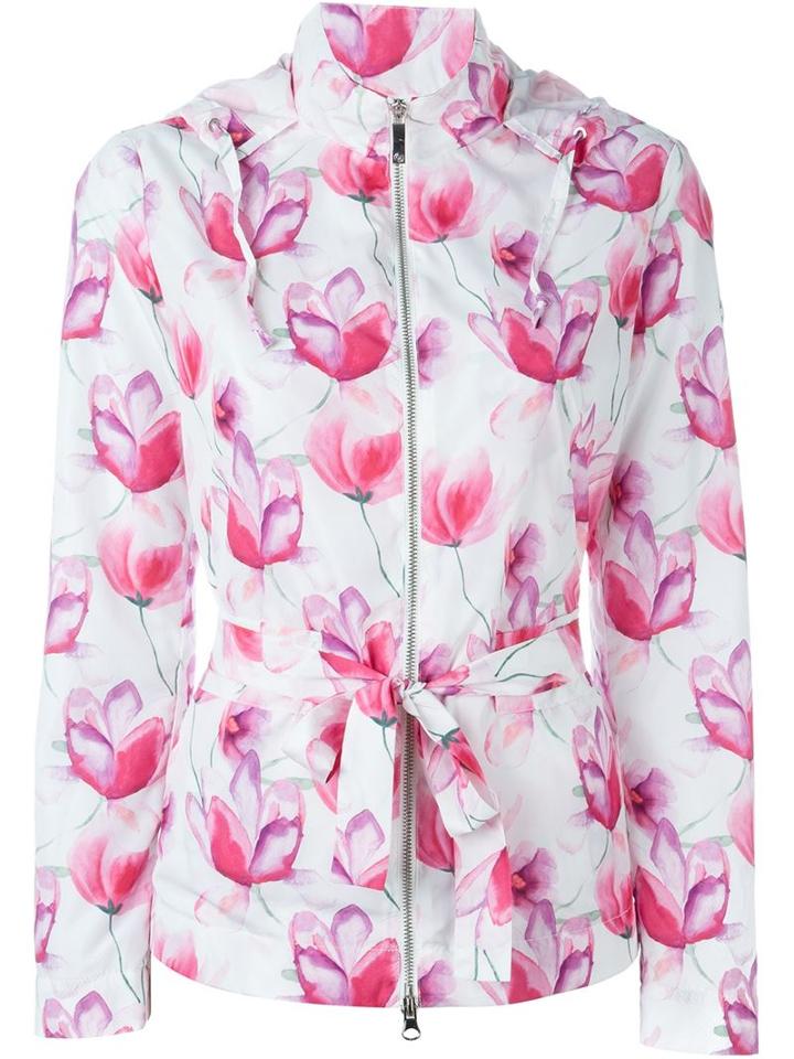 Armani Jeans Floral Print Hooded Raincoat, Women's, Size: 42, White, Polyester