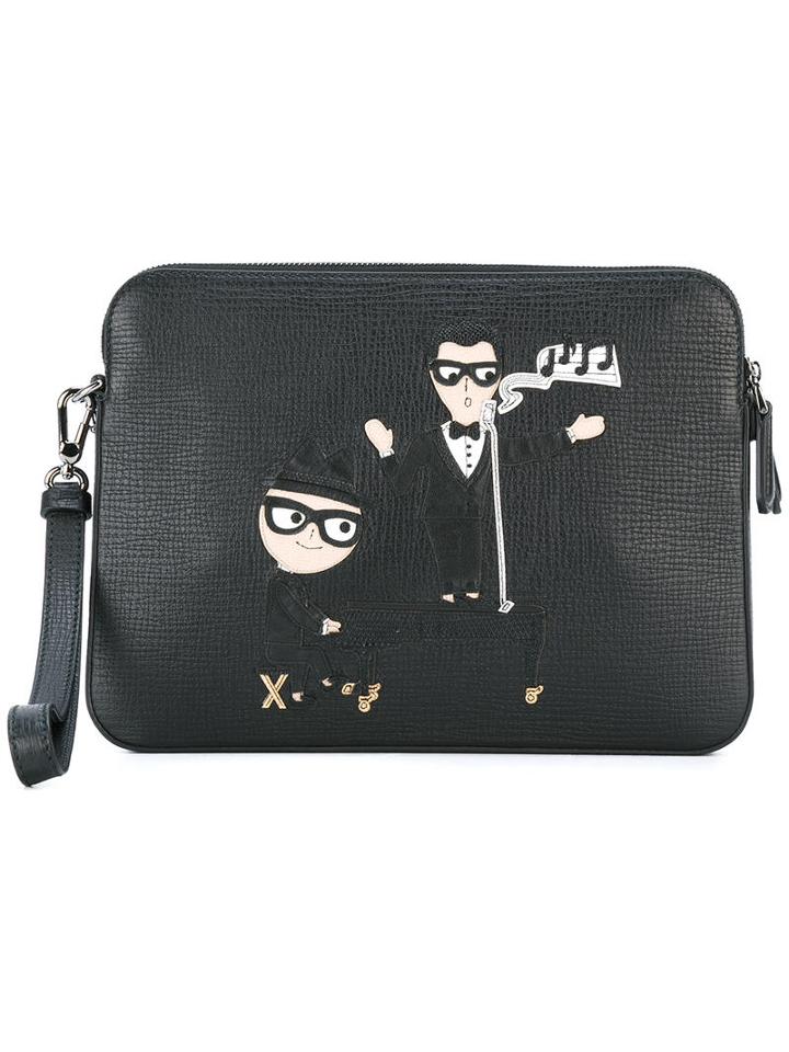Dolce & Gabbana Designer's Patch Wristlet Clutch, Men's, Black, Calf Leather