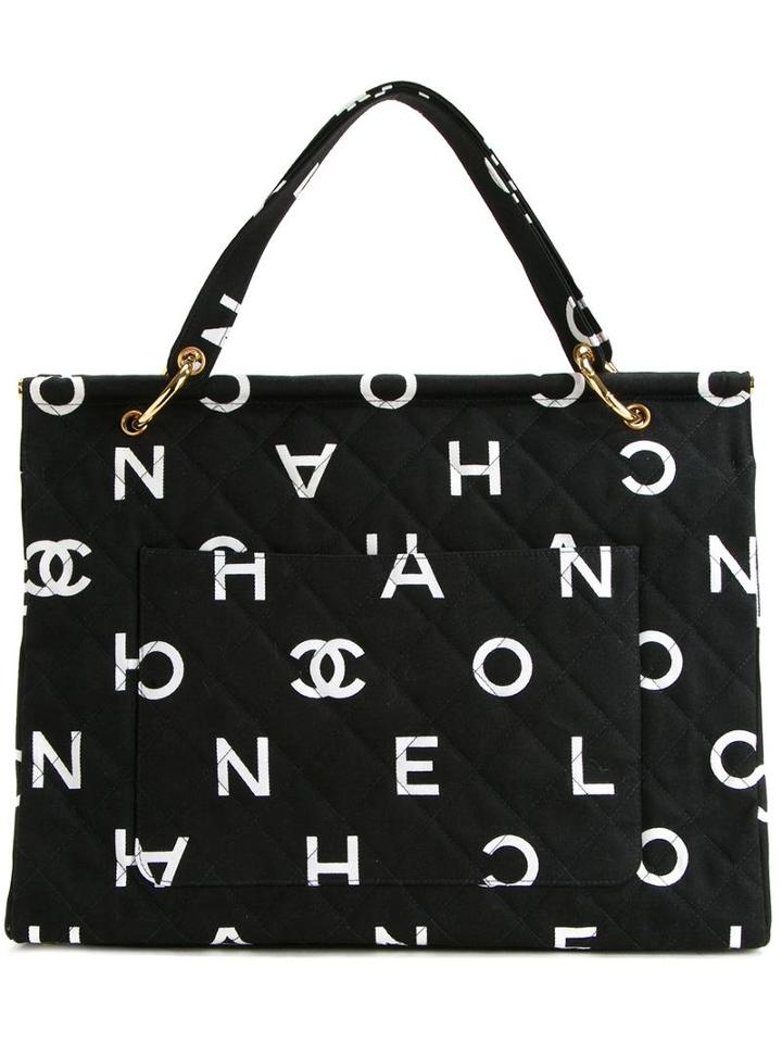 Chanel Vintage Quilted Logo Tote, Women's, Black