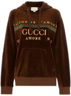 Gucci Embroidered Logo Velour Hoodie - Brown