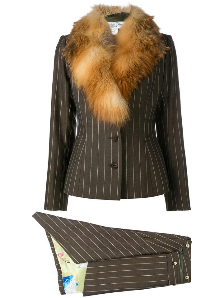 Christian Dior Pre-owned Fox Fur Collar Skirt Suit - Brown