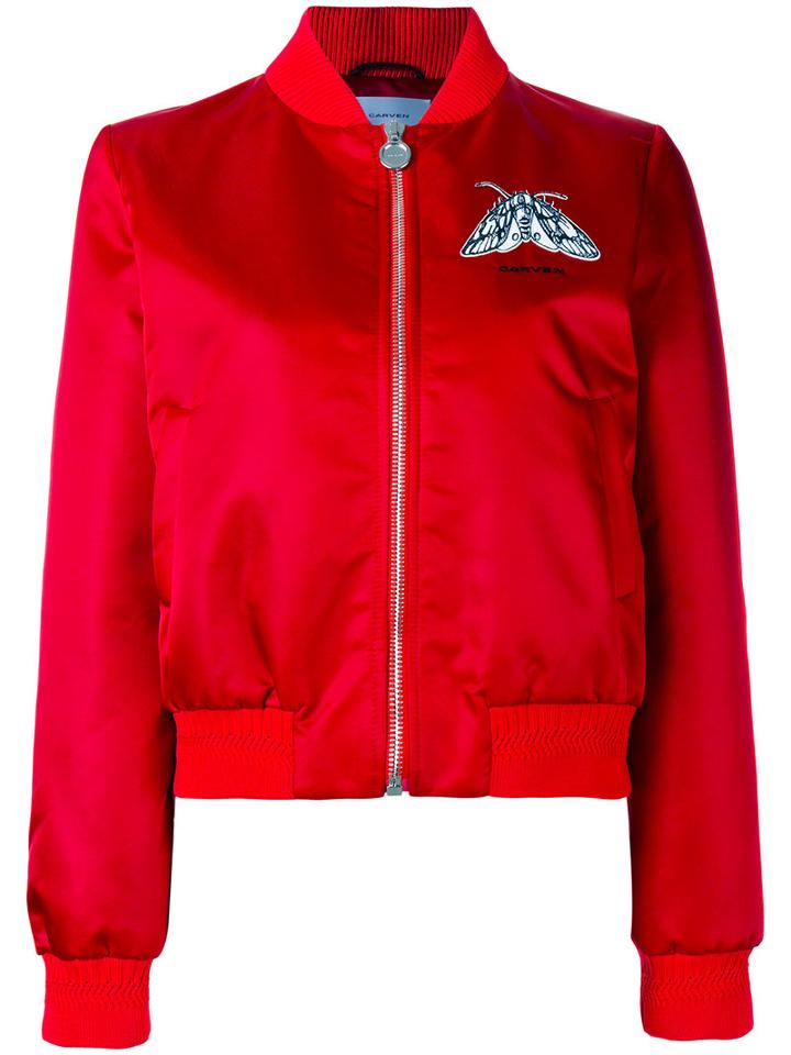 Carven Embroidered Satin Bomber Jacket, Women's, Size: 40, Red, Polyamide/acetate/viscose