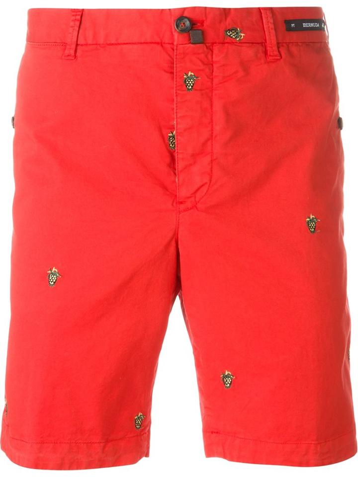 Pt01 Embroidered Shorts, Men's, Size: 52, Red, Cotton/spandex/elastane
