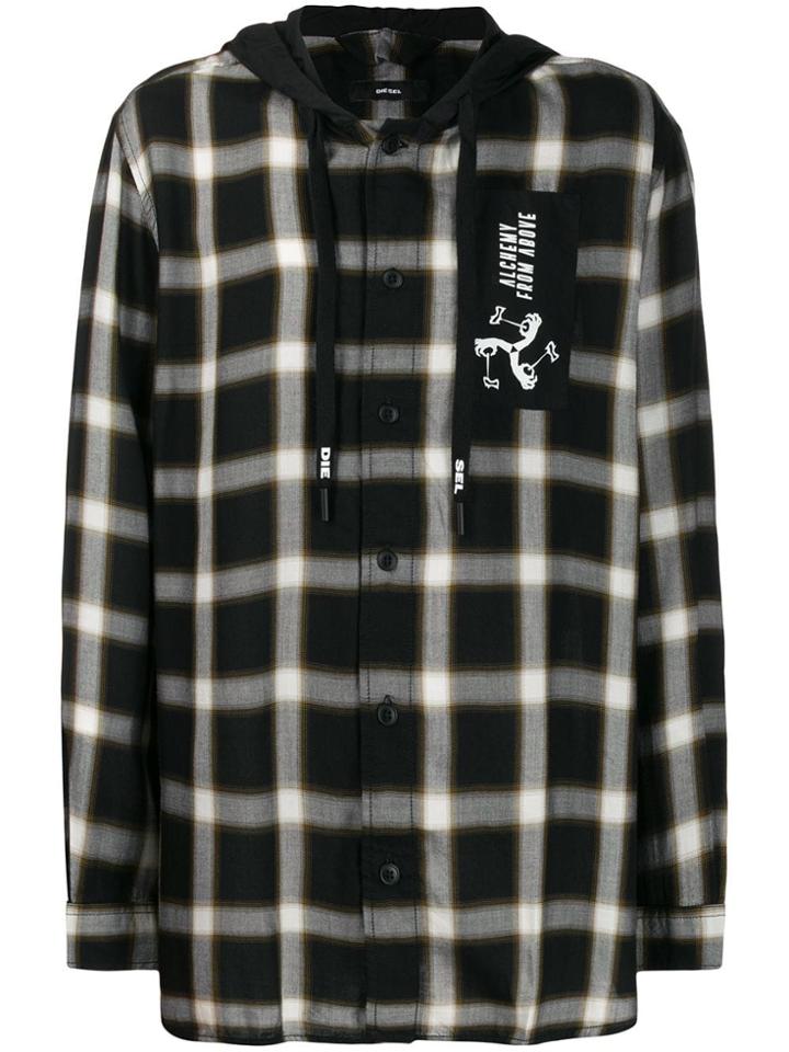 Diesel Check Motif Hooded Shirt - Black