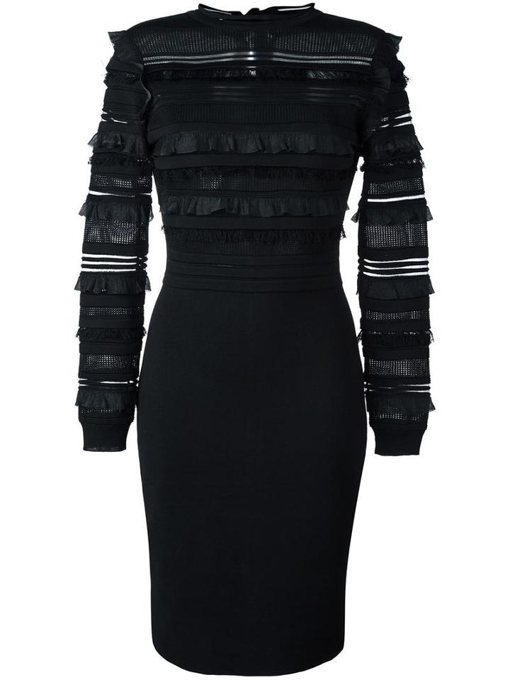 Oscar De La Renta Fitted Ruffle Trim Dress, Women's, Size: Large, Black, Silk/polyester