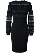 Oscar De La Renta Fitted Ruffle Trim Dress, Women's, Size: Large, Black, Silk/polyester