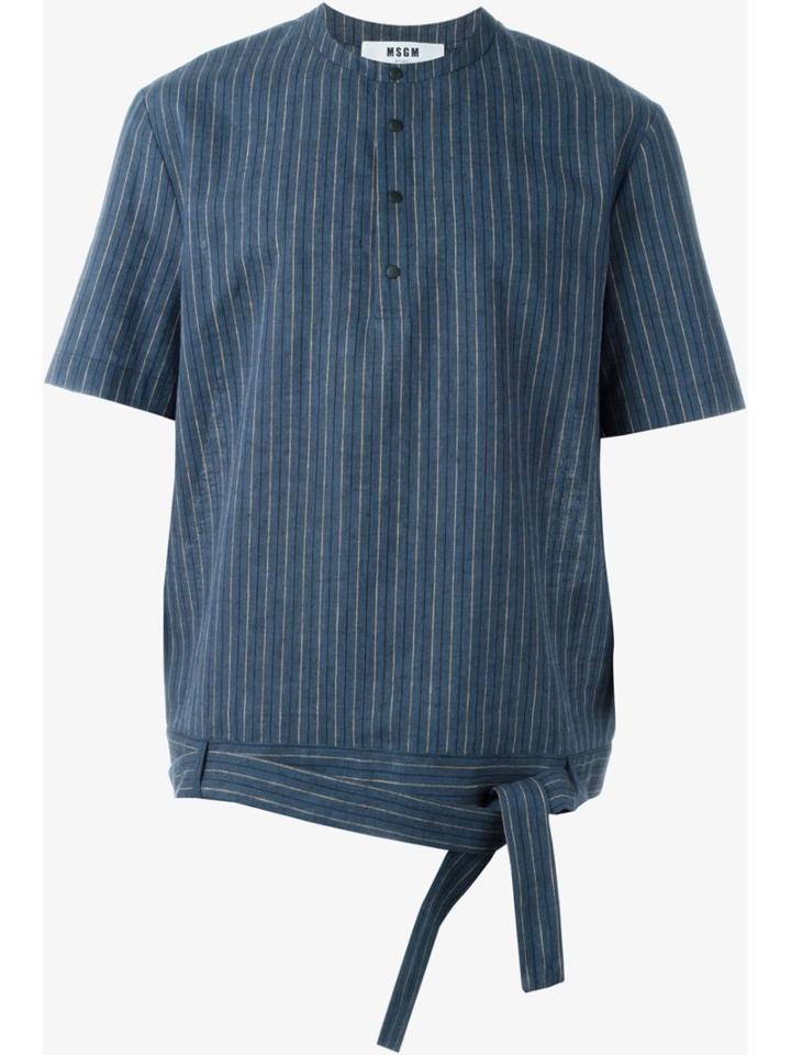 Msgm Striped Henley T-shirt, Men's, Size: 50, Blue, Linen/flax/cotton