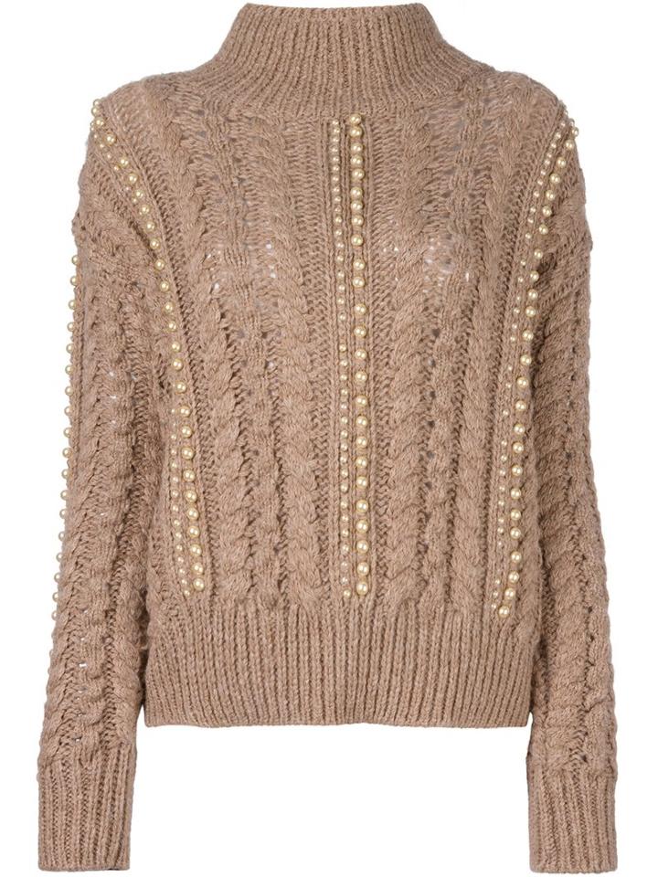 Ermanno Scervino High Neck Embellished Sweater, Women's, Size: 44, Brown, Alpaca