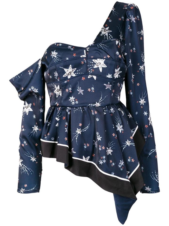 Self-portrait Asymmetric Printed Blouse - Blue