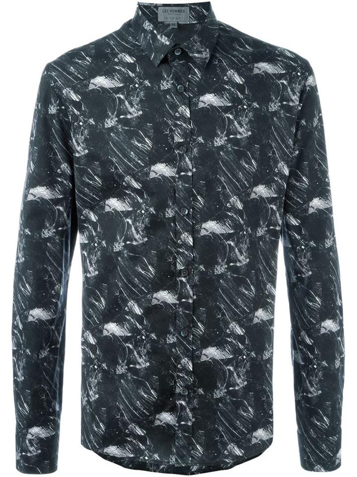 Les Hommes Urban Marble Print Shirt, Men's, Size: 48, Black, Cotton/spandex/elastane