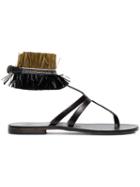 Álvaro Black Ariana Raffia Flat Leather Sandals