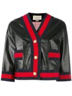Gucci Web Trim Leather Jacket, Women's, Size: 42, Black, Silk/cotton/lamb Skin/viscose