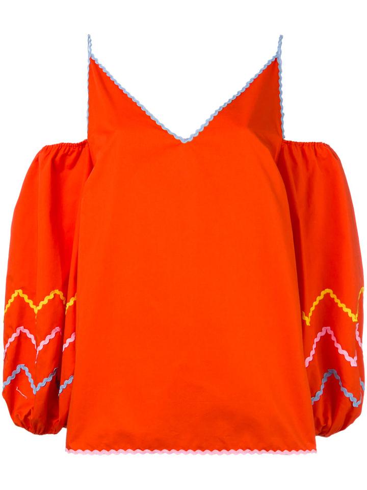 Anna October - Puff-sleeve Cold Shoulder Top - Women - Cotton - S, Yellow/orange, Cotton