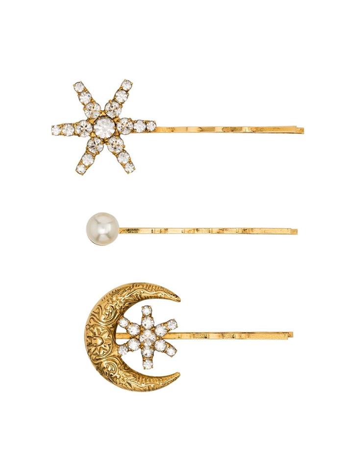 Jennifer Behr Crystal And Pearl Star And Moon Set Of Three Hair Clips