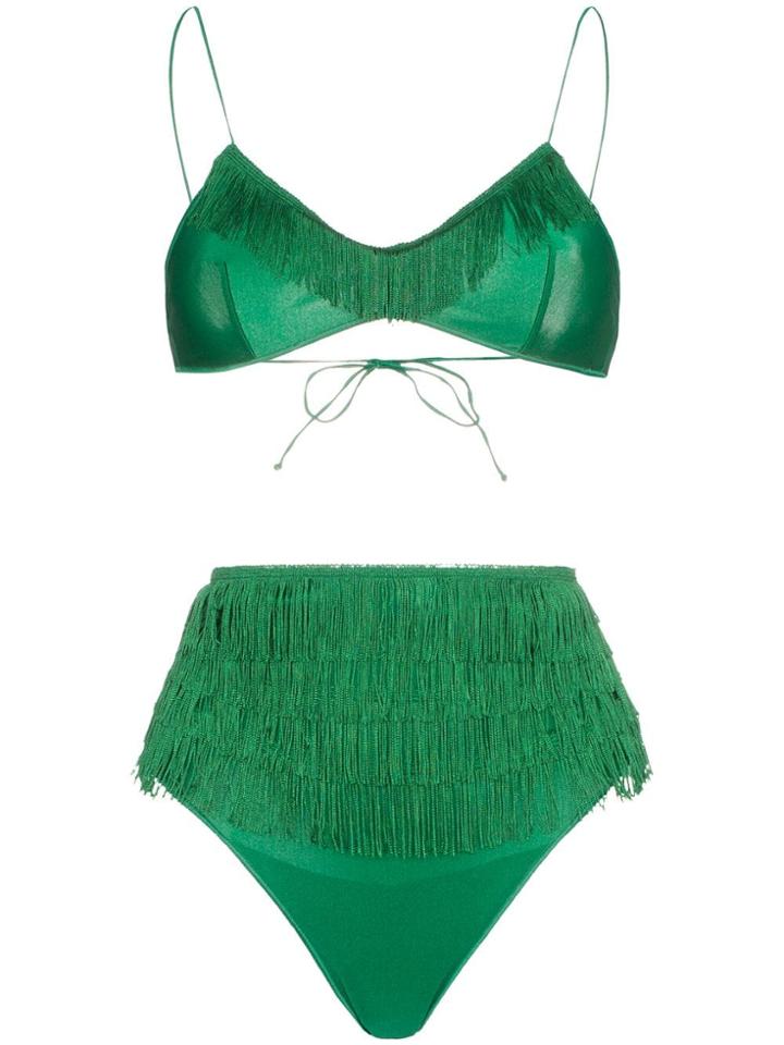 Oseree Charleston High-waisted Fringe Detail Bikini Set - Green