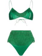 Oseree Charleston High-waisted Fringe Detail Bikini Set - Green