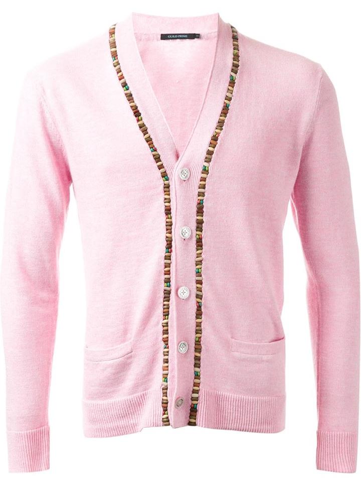 Guild Prime Beaded Fastening Button Down Cardigan, Men's, Size: 2, Pink/purple, Cotton/ramie