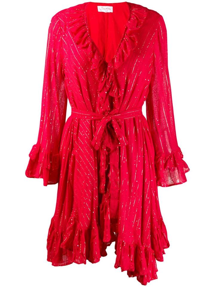 Sundress Ruffled Long Sleeve Dress - Red