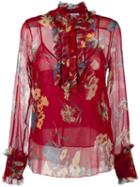 Dondup Ruffled Buttoned Neck Blouse, Women's, Size: 42, Red, Silk/polyamide/spandex/elastane