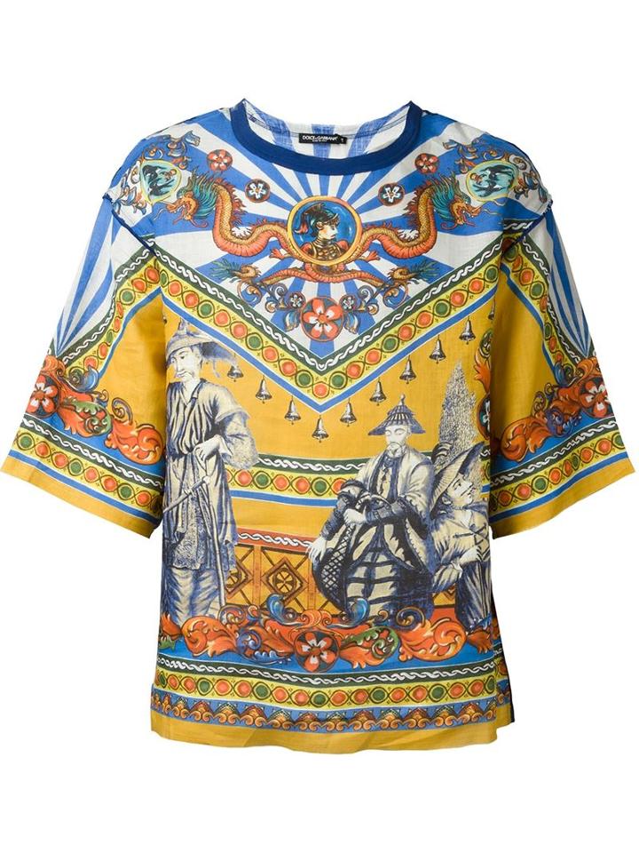 Dolce & Gabbana Chinese Print T-shirt, Men's, Size: 44, Linen/flax/cotton