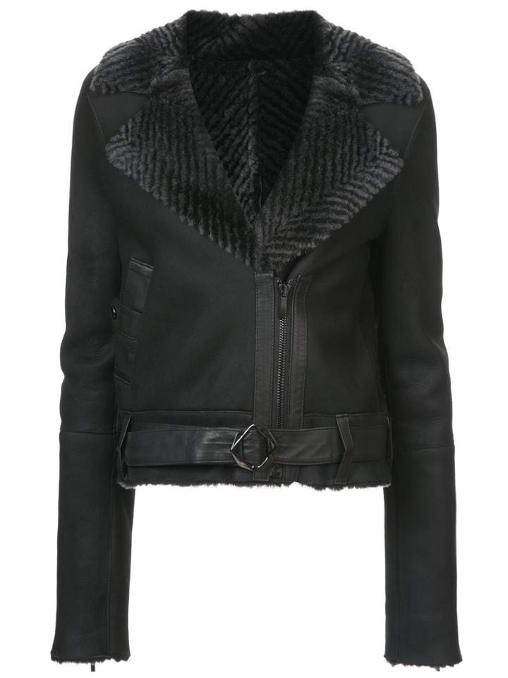Kimora Lee Simmons Chevron Fur Collar Bomber Jacket - Black