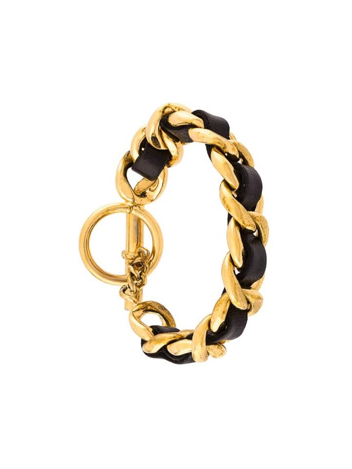 Chanel Vintage Leather Chain Bracelet, Metallic