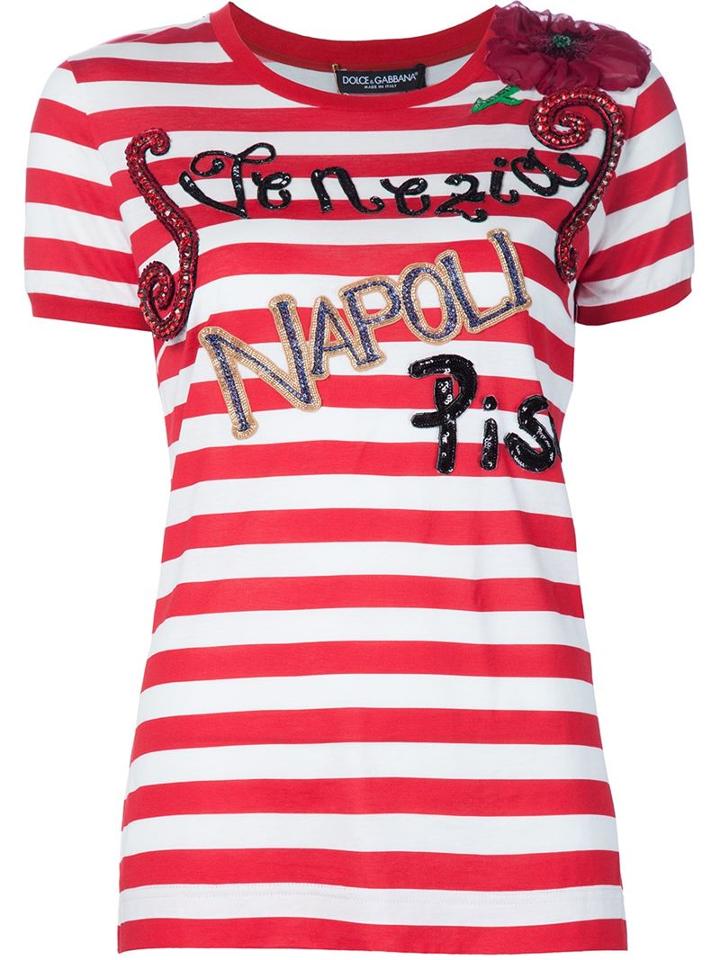 Dolce & Gabbana Embellished Striped T-shirt, Women's, Size: 42, Red, Cotton/polyester/crystal