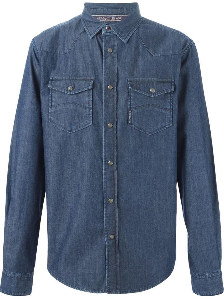 Armani Jeans Classic Denim Shirt, Men's, Size: Large, Blue, Cotton