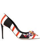 Dolce & Gabbana Embellished Striped Pumps, Women's, Size: 37, Black, Cotton/leather/swarovski Crystal
