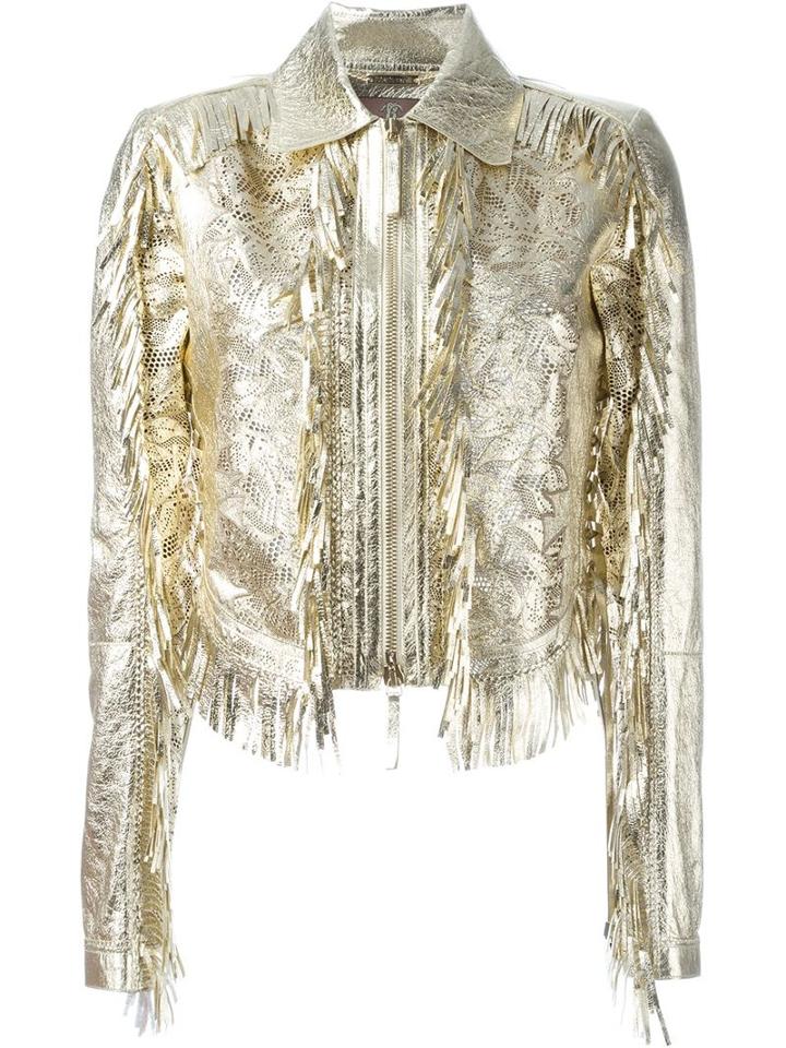 Roberto Cavalli Perforated Fringed Jacket, Women's, Size: 40, Grey, Lamb Skin