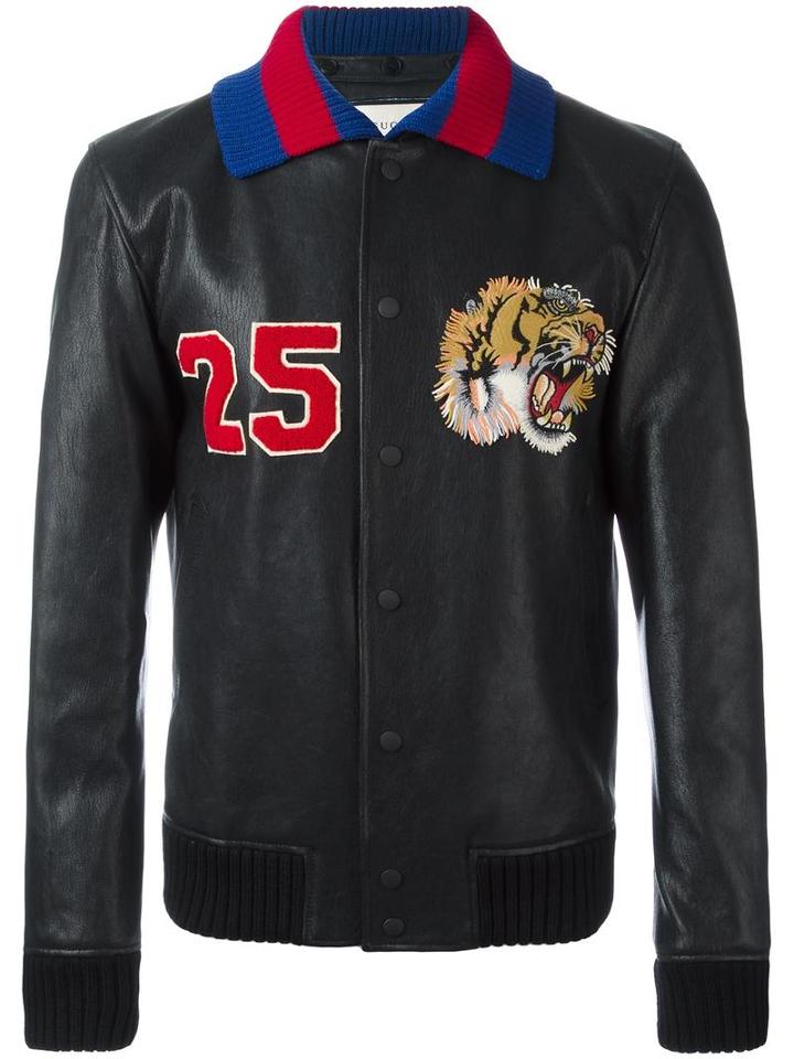 Gucci Tiger Embroidered Bomber Jacket, Men's, Size: 50, Black, Cupro/lamb Skin/wool/spandex/elastane