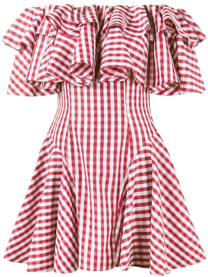 House Of Holland - Gingham Off Shoulder Dress - Women - Cotton - 14, Red, Cotton
