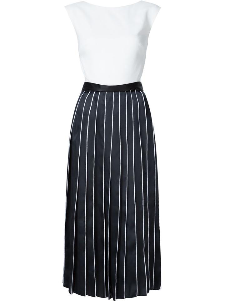 Monique Lhuillier Contrast Pleat Flared Midi Dress, Women's, Size: 4, White, Silk/acetate/viscose