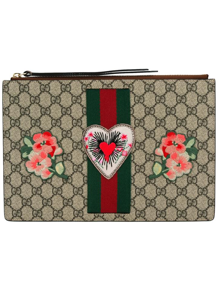 Gucci Embroidered Gg Supreme Clutch Bag, Women's, Nude/neutrals, Cotton/leather