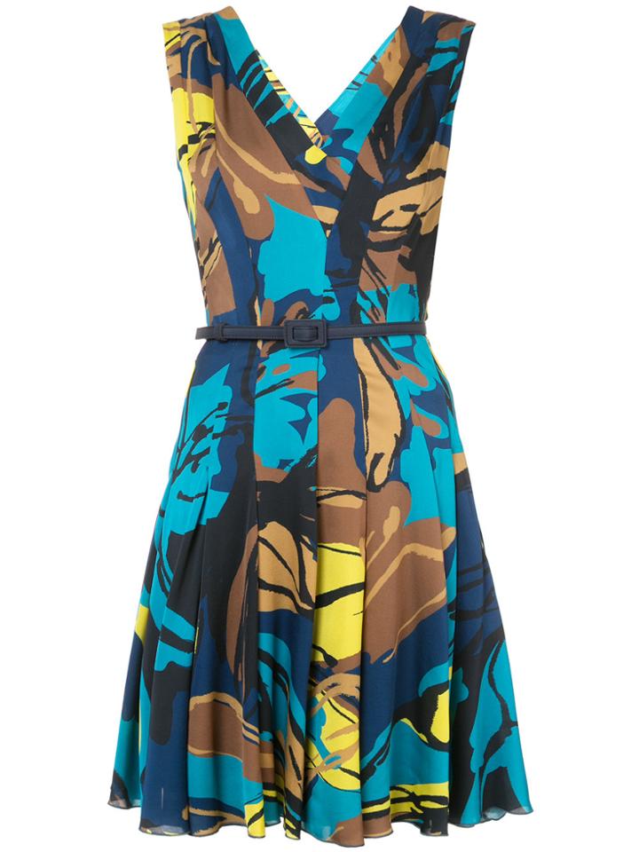 Carolina Herrera Belted Flared Floral Dress - Blue