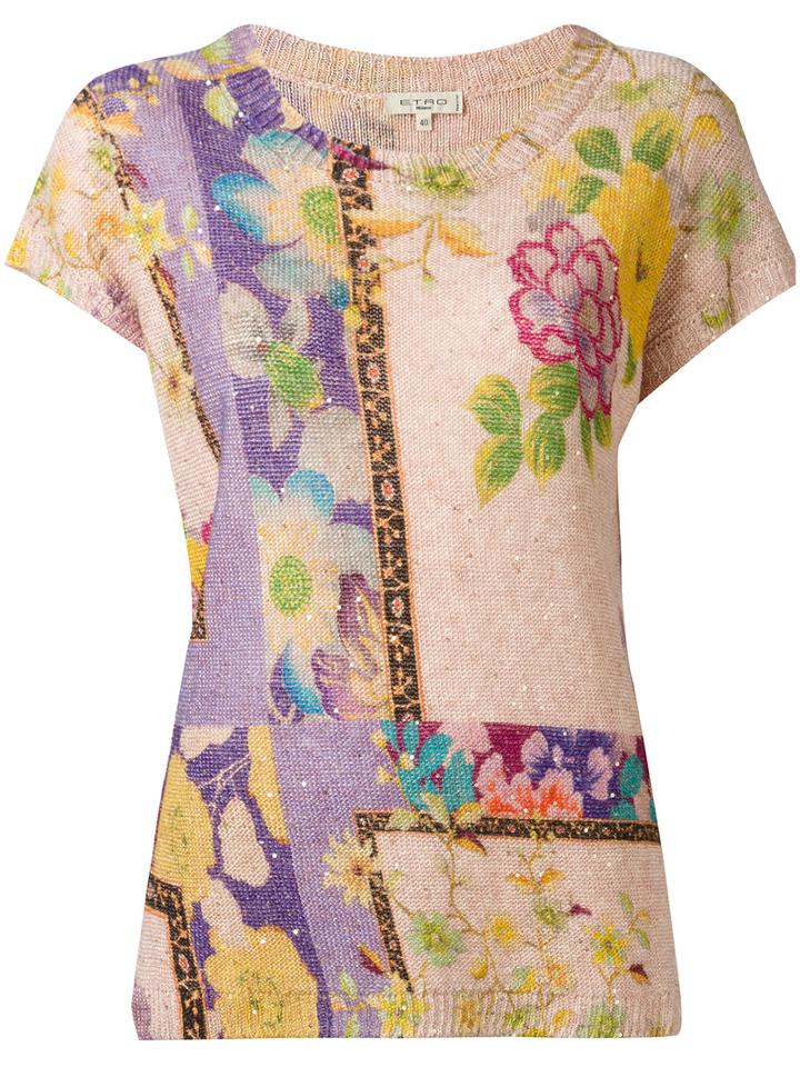 Etro Floral Pattern Knitted T-shirt, Women's, Size: 38, Nude/neutrals, Linen/flax/polyester/sequin