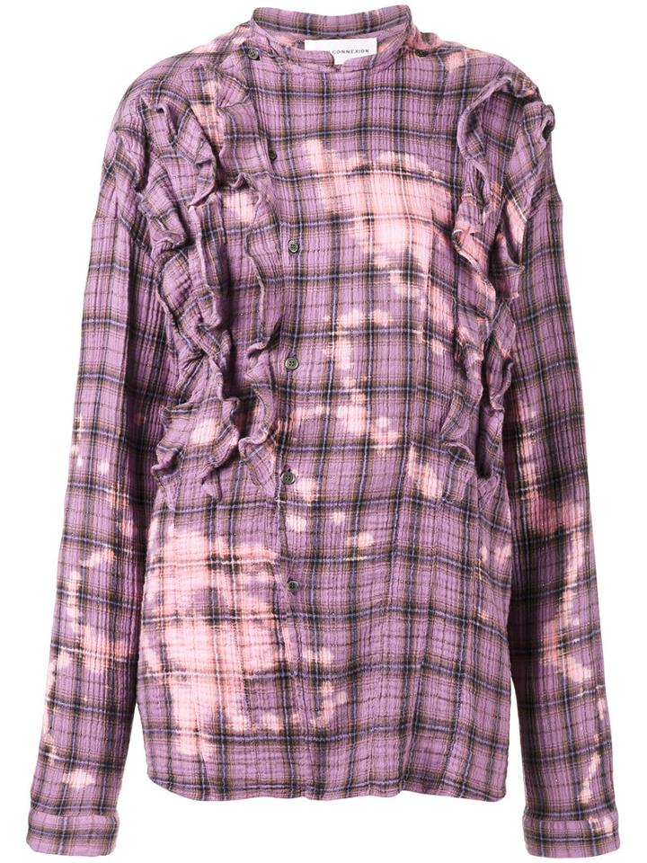 Faith Connexion - Checked Shirt With Faded Detailing And Front Ruffles - Women - Cotton/ramie - Xs, Pink/purple, Cotton/ramie