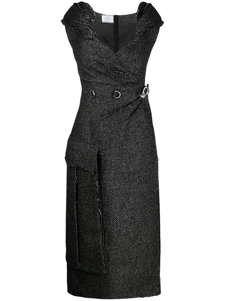 Prada Oversized Collar Tweed Midi Dress - Grey