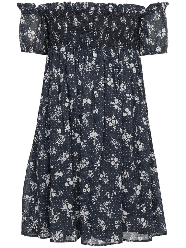 Miu Miu Shirred Floral Bardot Dress - Blue