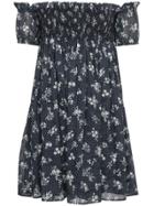 Miu Miu Shirred Floral Bardot Dress - Blue