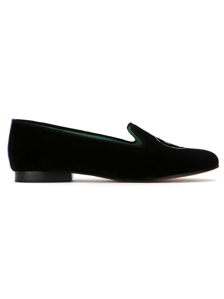 Blue Bird Shoes Embroidered Velvet Smile Loafers - Black