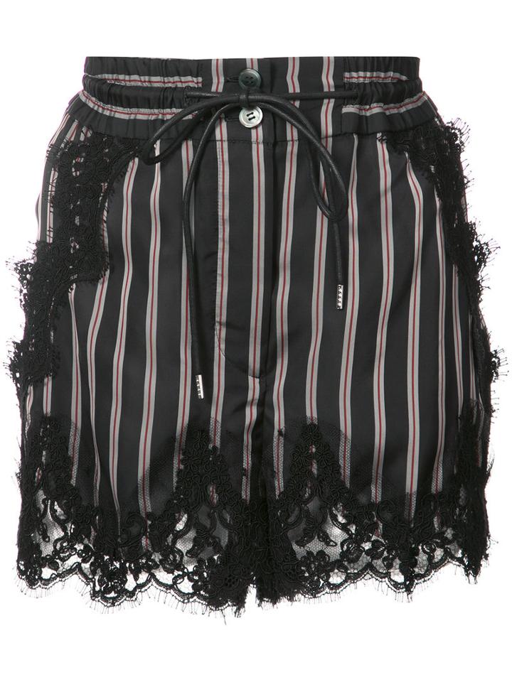 Sacai - Lace Trim Striped Shorts - Women - Cotton/nylon/cupro/rayon - 2, Black, Cotton/nylon/cupro/rayon