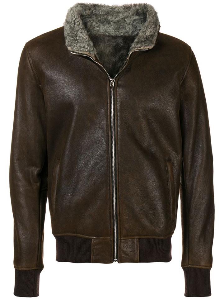Barba Zipped Biker Jacket - Brown