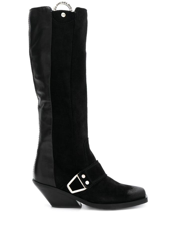 Diesel Panelled Buckle Boots - Black